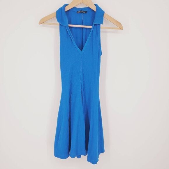 Zara Women's Blue Collared V-Neck Ribbed Sleeveless Mini Dress Size Small - Picture 4 of 6